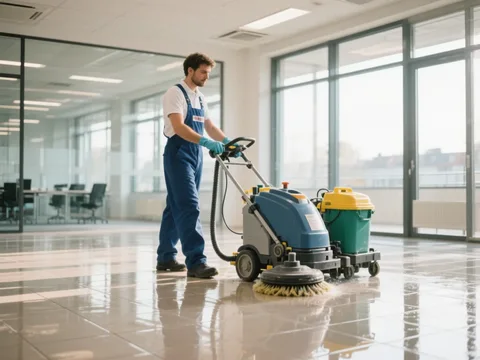 Agent de nettoyage avec autolaveuse dans des bureaux en France