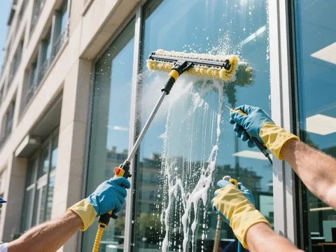 Nettoyage de vitres dans un immeuble de bureaux en France