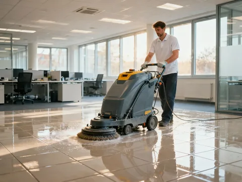 Agent de nettoyage avec autolaveuse dans des bureaux en France