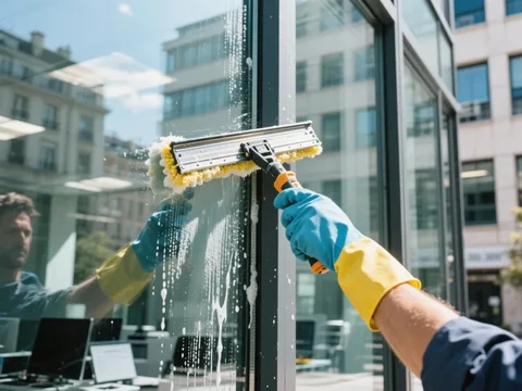 Nettoyage de vitres dans un immeuble de bureaux en France