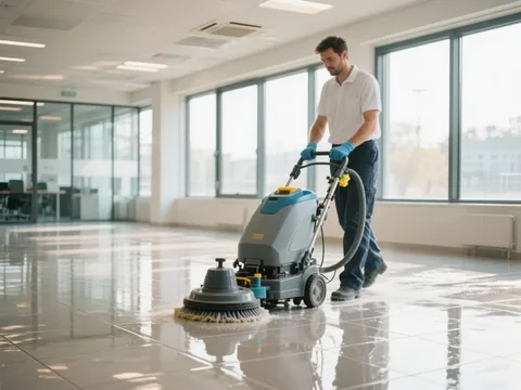 Agent de nettoyage avec autolaveuse dans des bureaux en France