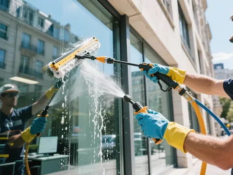 Nettoyage de vitres dans un immeuble de bureaux en France