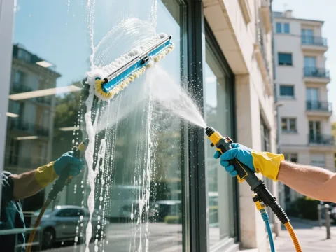 Nettoyage de vitres dans un immeuble de bureaux en France