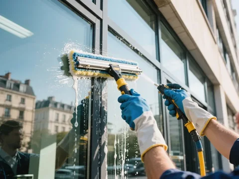 Nettoyage de vitres dans un immeuble de bureaux en France