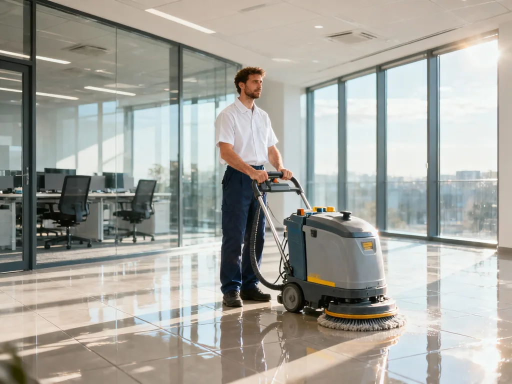 Agent de nettoyage avec autolaveuse dans des bureaux