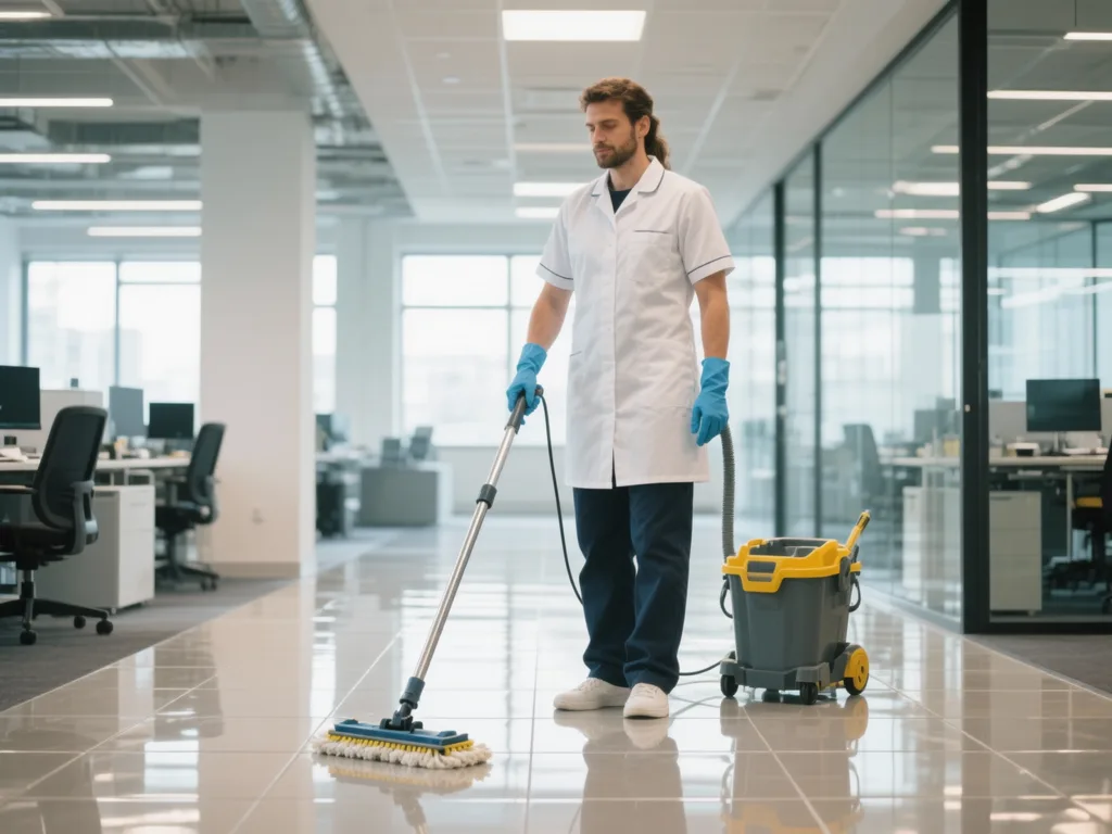 Agent de nettoyage avec monobrosse dans des bureaux