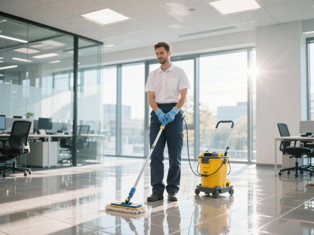 Agent de nettoyage avec monobrosse dans des bureaux