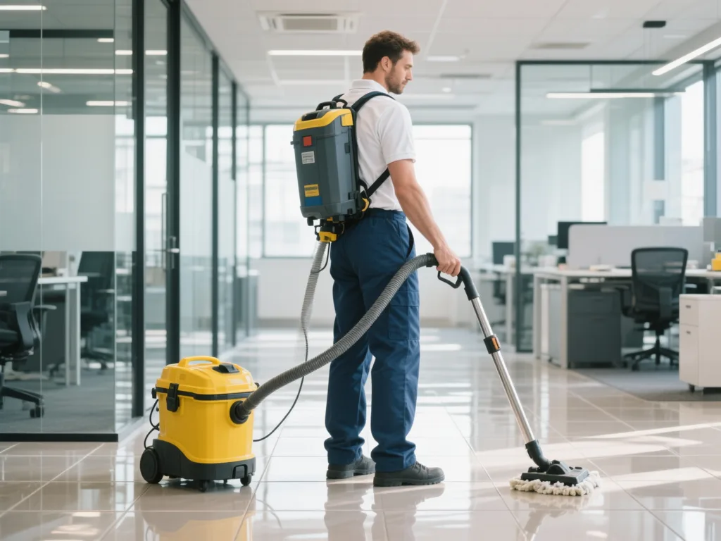 Agent de nettoyage avec aspirateur dorsal dans des bureaux