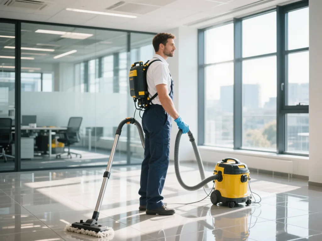Agent de nettoyage avec aspirateur dorsal dans des bureaux